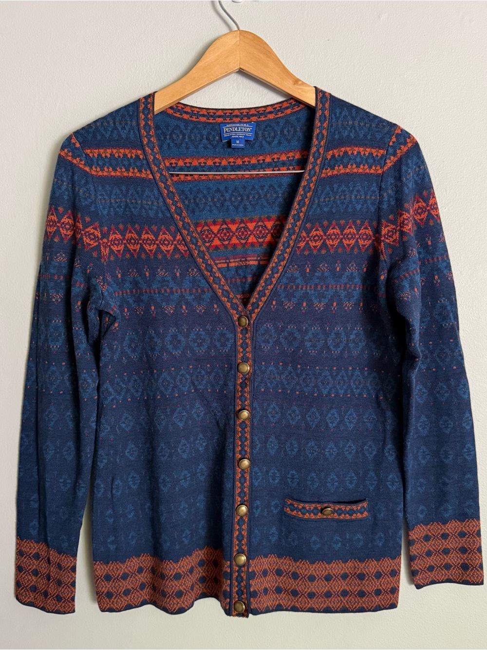 Pendleton Women's M Cardigan Sweater Navy and Rust Patterned Knit Button Up